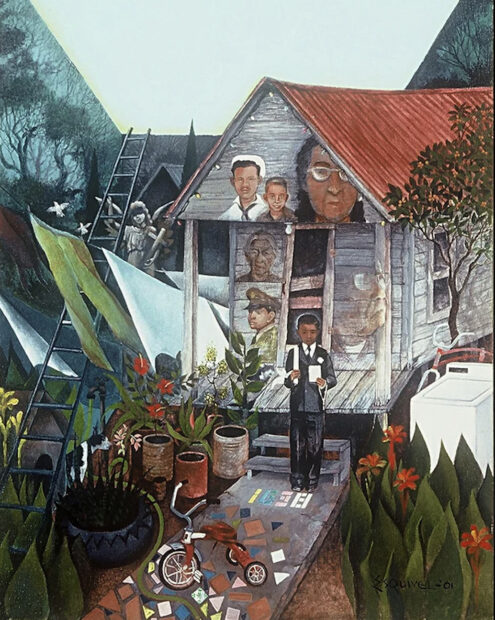 Painting of a cluttered scene of a boy wearing a suit and standing in front of a house