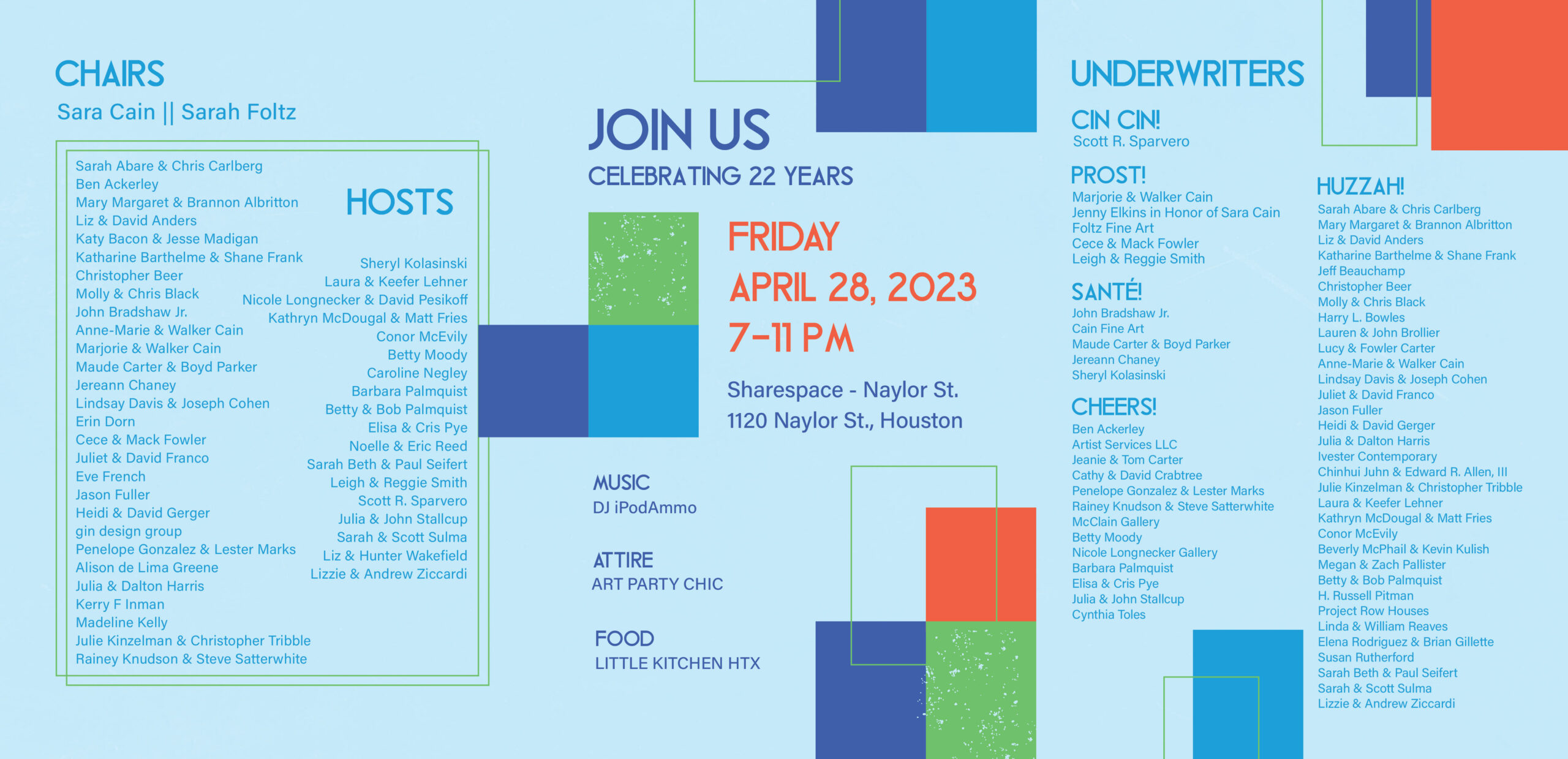 A brightly colored, three-panel invitation listing the details, donors, and auction artists for Glasstire's 2023 fundraising party.