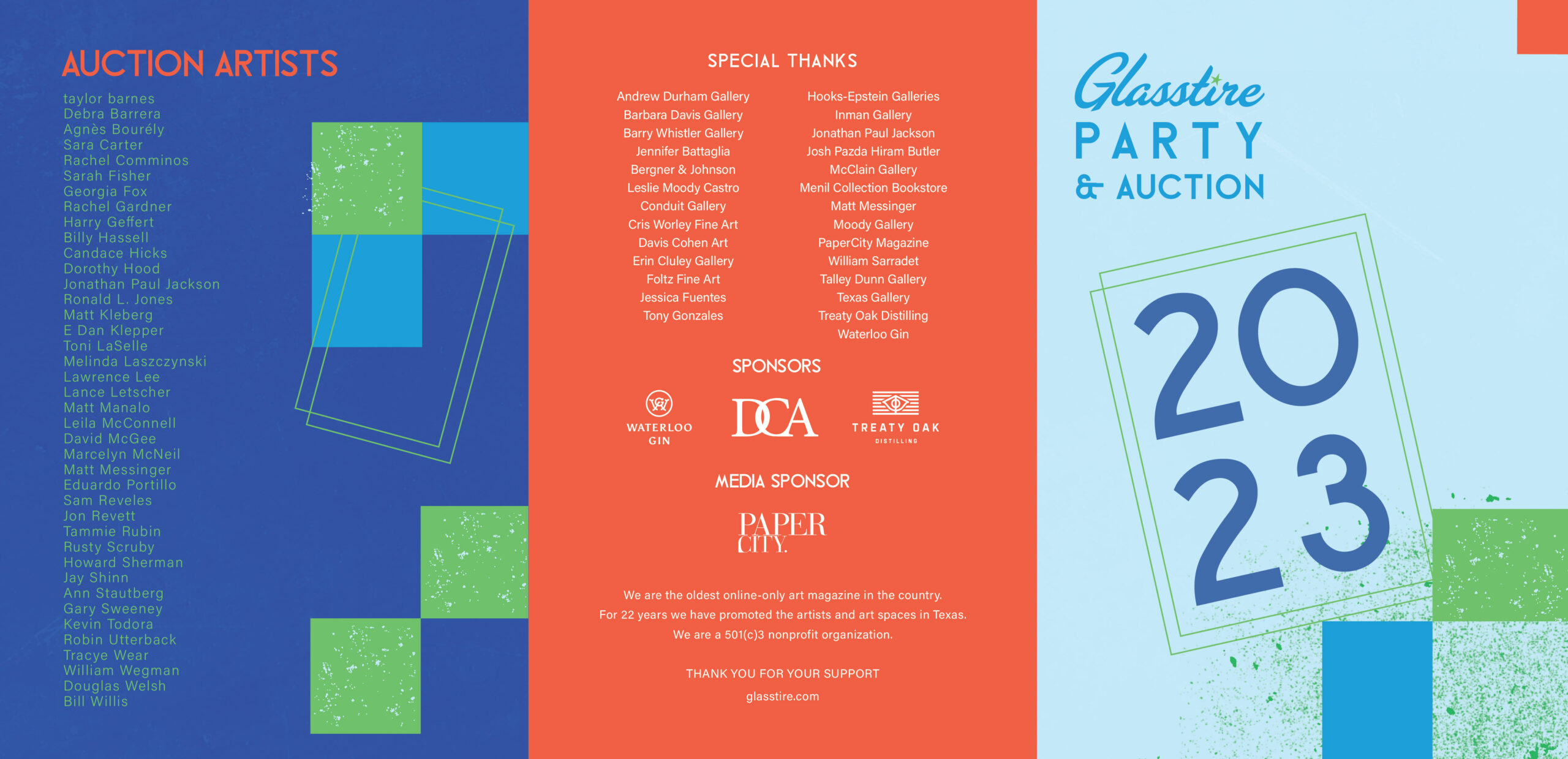 A brightly colored, three-panel invitation listing the details, donors, and auction artists for Glasstire's 2023 fundraising party.