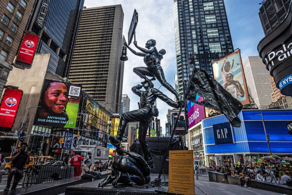 A photograph of a temporary installation by Kwame Akoto-Bamfo on view in the middle of Times Square in New York City.