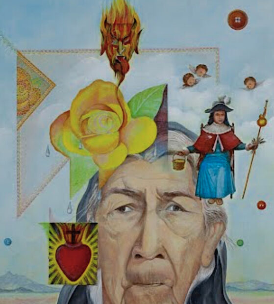 Portrait of an elderly woman with flowers, a sacred heart, and religious iconography