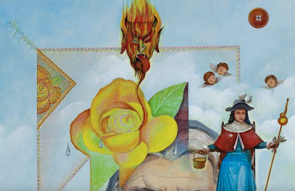 Detail of a painting with a rose and religious iconography