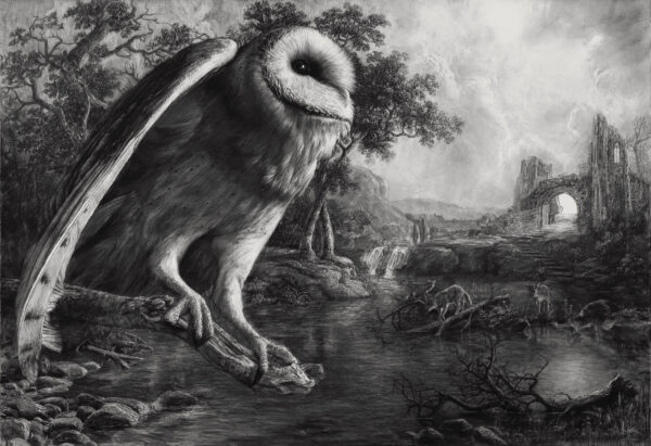 A realistic black and white work of art featuring an owl perched on a branch with an expansive landscape in the background.