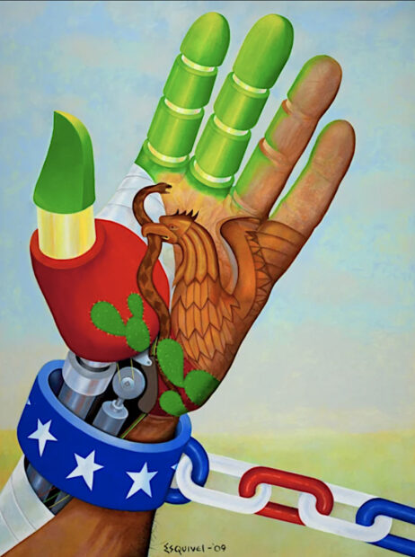 Painting of a hand with Mexican Iconography and a shackle of the US Flag