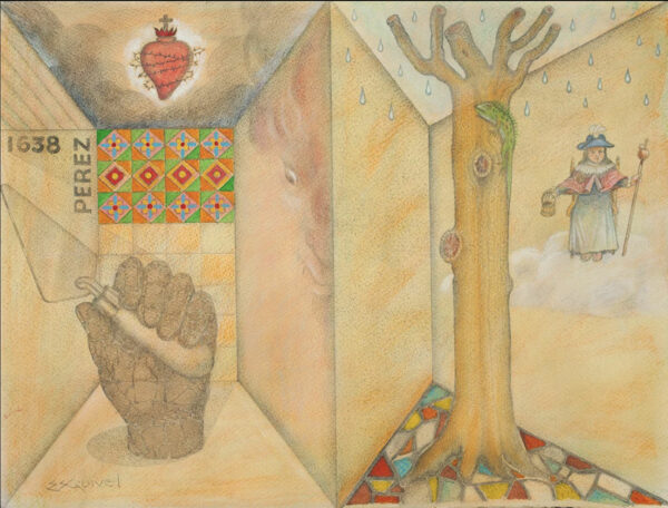 Pastel painting of a hand in a surreal setting with religious iconography