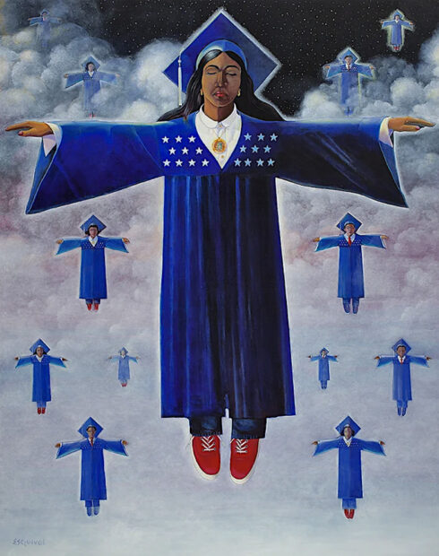 Painting of a student wearing a graduation gown in the sky