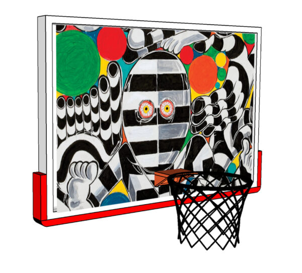 A painting by Trenton Doyle Hancock of a backboard featuring a black and white striped figure.