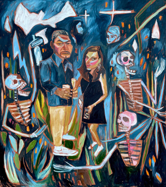 A painting by Cruz Ortiz featuring a man and woman painted in a stylized fashion and surrounded by three skeletons.