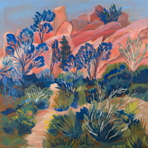 A painting by El Baker featuring a Texas dessert with green and blue foliage.