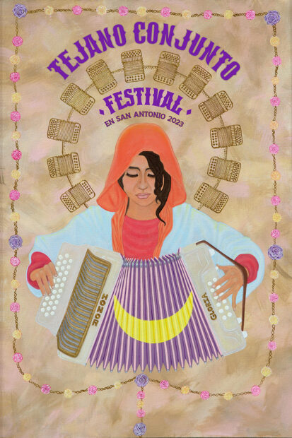 A poster by Elisa de Hoyos featuring a young woman playing the accordion.