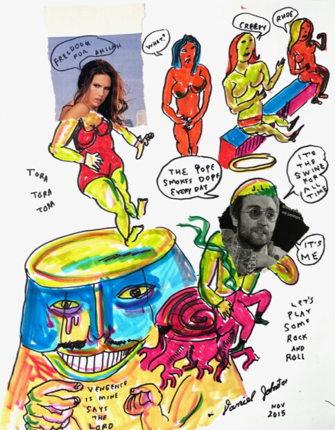 Collage of figures and speech bubbles with sayings