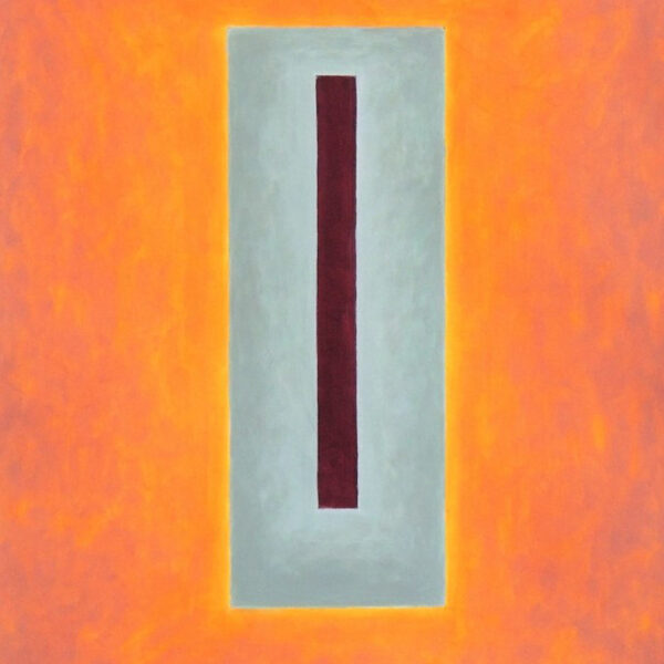 An minimalist painting by Jane Allensworth featuring a tall thin maroon rectangle inside a larger light blue rectangle, set on an orange square canvas.