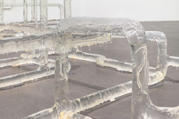 A glass network of tubes looks as if it has been frozen over. Inside grows black mold.