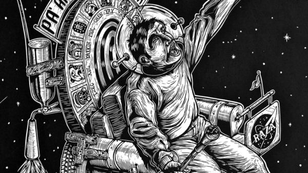 A black and white print by Juan de Dios Mora featuring an astronaut in a make-shift spaceship that features references to Pre-Columbian cultures. 