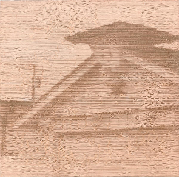 A painting of a gable is executed in many horizontal lines that make up the picture.