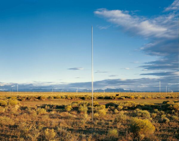 Aluminum poles positioned in the desert to create a field of lightening
