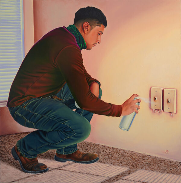A realistic painting by Mariana Olague of a young man painting wall outlets white with a spray paint can.