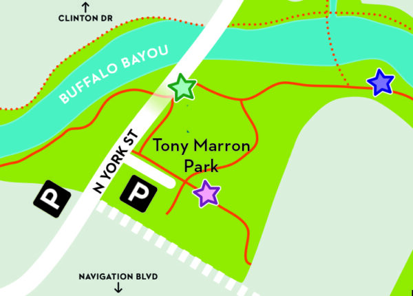 A map of the Buffalo Bayou trails with stars placed in locations where videos will be projected during the "NIGHT LIGHT" event.