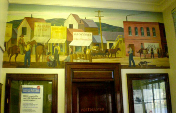 Mural of a small town in Texas in a post office