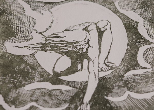 A detail from "The Ancient of Days," a design by William featuring a crouched male figure.Blake