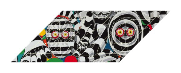 A painting by Trenton Doyle Hancock of a skewed basketball court floor featuring two large black and white striped figures.