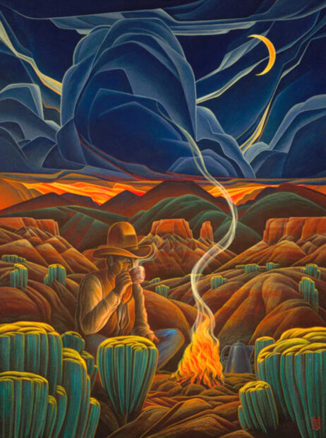 A stylized painting of a man drinking coffee near a campfire in an expansive desert landscape.
