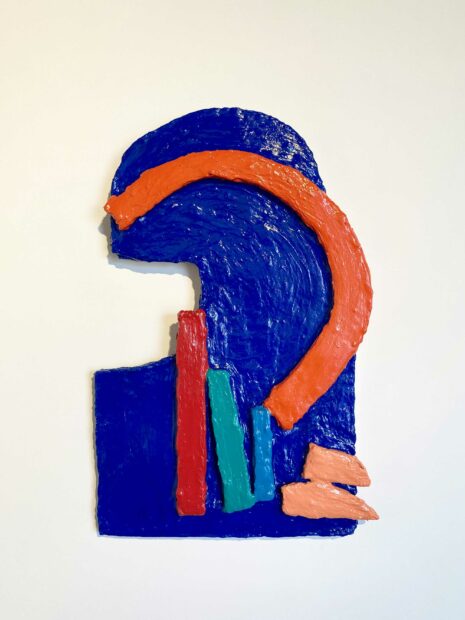 Mixed media piece with a blue curve and orange, blue, and red bars