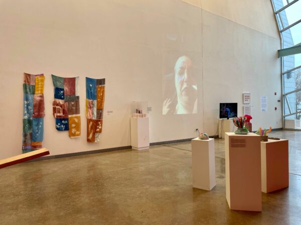Installation view with works on pedestals, quilts on a wall and a video screening