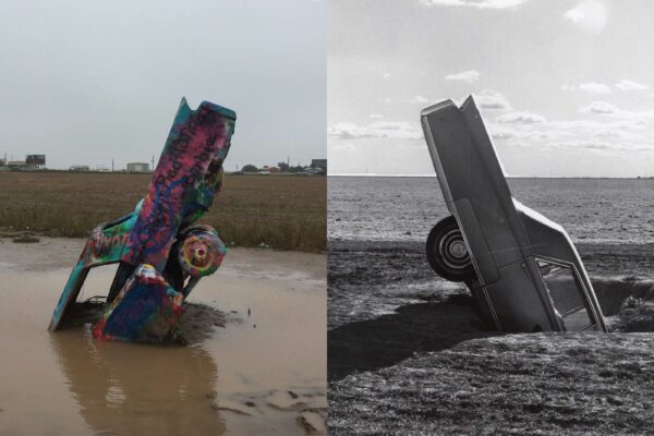 two photos of cars at cadillac ranch, the left a current contemporary view with graffiti and mud, the second of the original sculpture