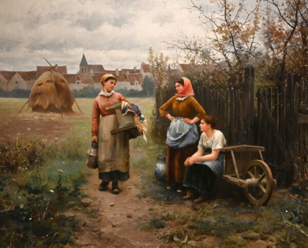 Painting of three women talking in a field