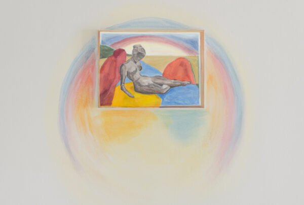 Reclining figure in a landscape with painted rings surrounding the canvas on the wall