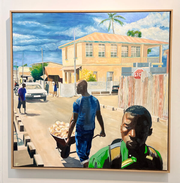 A painting of a man pushing a wheelbarrow of coconuts down the street of a residential neighborhood.