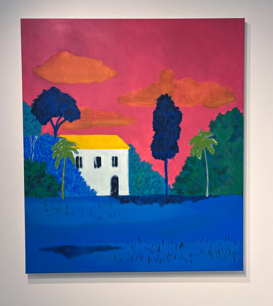A stylized painting by Cara Nahaul of a white house set among a blue and green landscape with a pink sky.