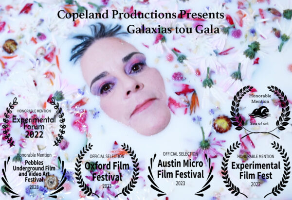 Flier of a film trailer with a woman lying in milk with flowers surround her face