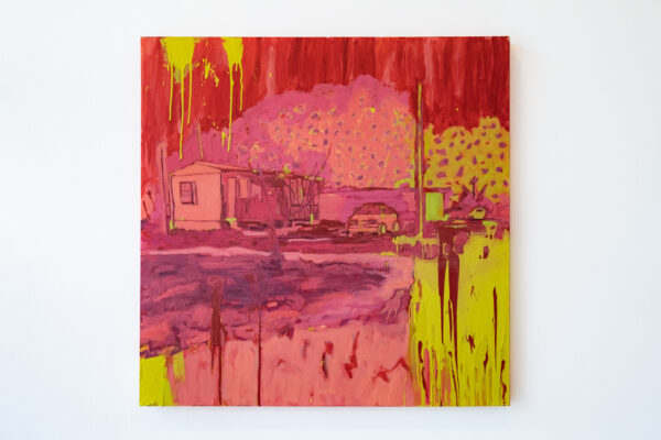 Landscape painting of a house in a field painted with bright pinks, yellows, and reds