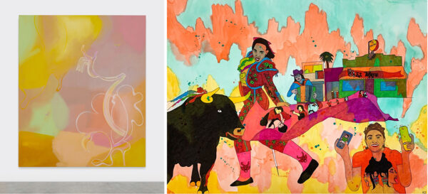 Side by side images of works by Chelsea Culprit and Karla Diaz. Both paintings are brightly colored, the one on the left is abstract and organic while the one on the right is figurative and features a female bullfighter
