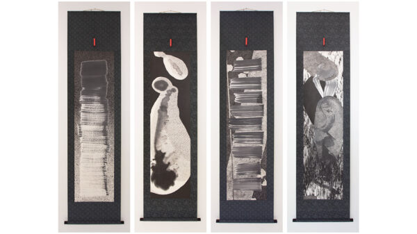A photograph of four vertical panels by Nishiki Sugawara-Beda.