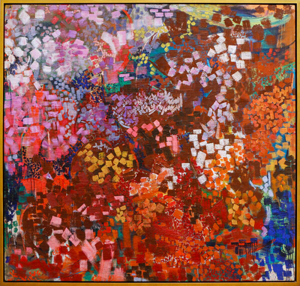 An abstract work by Lynne Mapp Drexler featuring mostly warm colors.