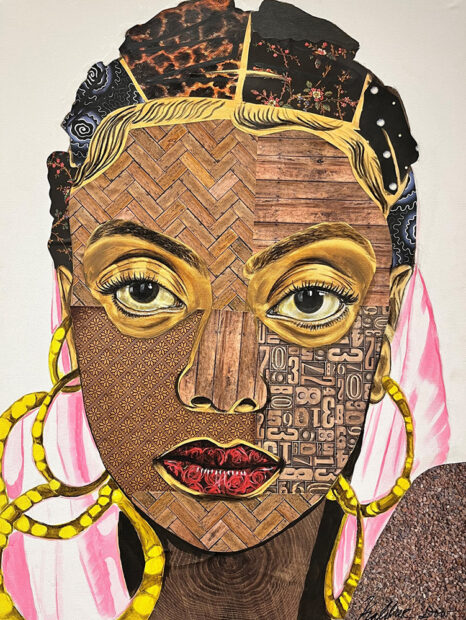 A mixed media portrait of a Black woman wearing long gold earrings. Artwork by Kaldric Dow.