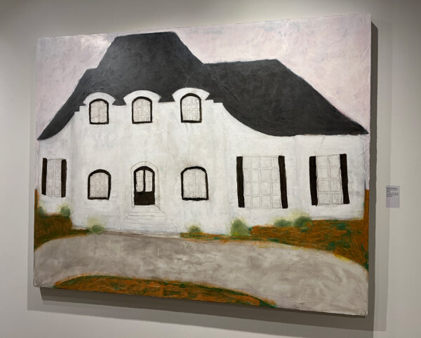 A painting by Emma Schwartz of a large plain white house with a black roof. 