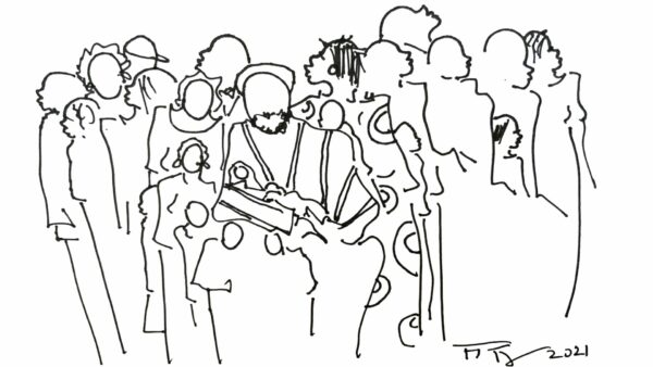 A line drawing of a crowd of people by Frank Frazier.