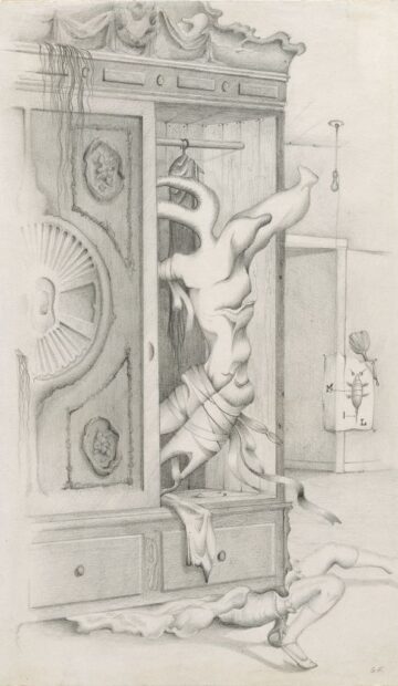 A pencil drawing by Gray Foy of an armoire with surreal figures protruding from it.