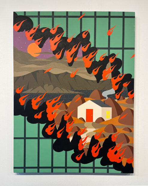 A painting by Greg Ito of a house surrounded by fire.