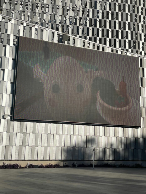 Photo of a video showing on a screen at the Tobin Center, San Antonio