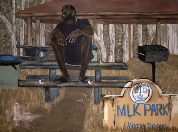 A painting by Jammie Holmes of a Black man sitting on a picnic table at a park with a marker in the foreground with text reading "MLK PARK I Have A Dream."