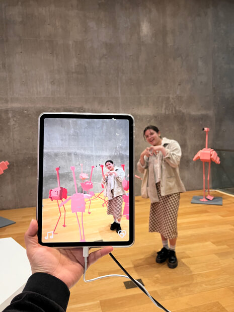 A photograph of a young person interacting with an augmented reality artwork featuring flamingos.