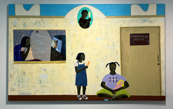 A painting by Larissa de Souza of young girls playing outside of a building facade with a woman watching a tv seen through a window.