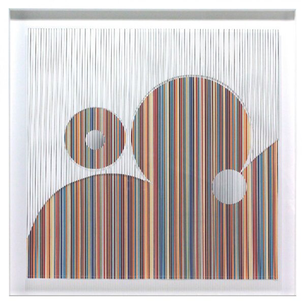 A work by artist Orna Feinstein featuring vertical lines that create a rainbow colored abstract shape against a white background.