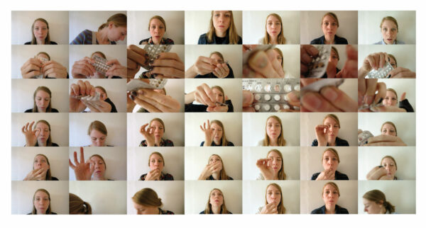 Video stills of the artist taking daily dose of birth control