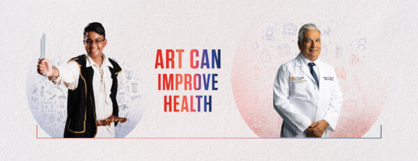 A designed graphic with text that reads, "Art can improve health."
